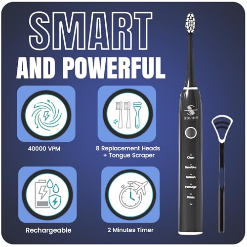 Electric Toothbrush with 8 Soft Bristle Heads, 5 Modes & Smart Timer for Adults