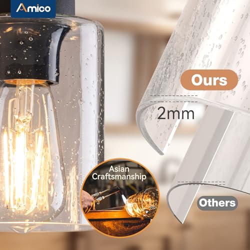 Amico 4-Light Farmhouse Bathroom Vanity Light - Seeded Glass, Black & Wood - Rustic Style