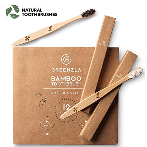 24 Pack Bamboo Toothbrushes for Adults - Eco-Friendly Wooden Toothbrush with Charcoal Soft Bristles, Includes Travel Case