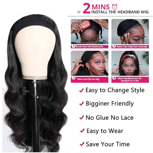 14 Inch Body Wave Human Hair Headband Wig for Black Women - Natural Black Variation