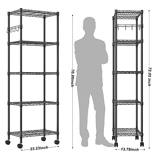 5-Tier Wire Shelving Unit on Wheels - Adjustable Metal Storage Rack, Black, 23.23 x 13.78 x 72.05 inches