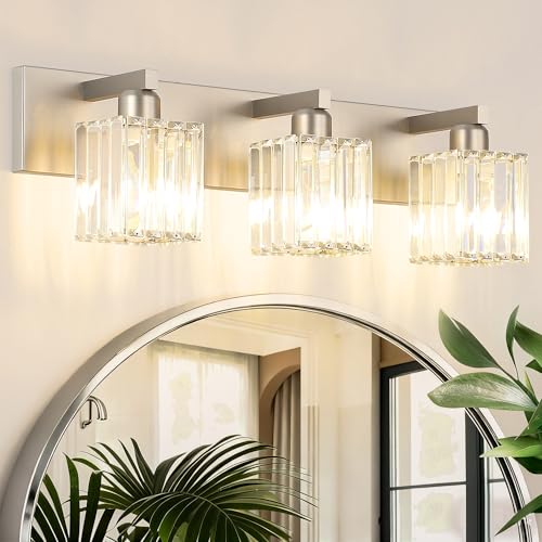 Aipsun Brushed Nickel 3-Light Crystal Bathroom Vanity Light, 23 Inch