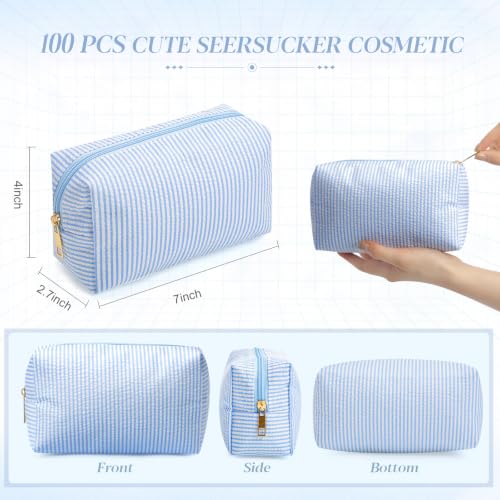 Sanwuta Light Blue 36 Pcs Seersucker Cosmetic Bags Bulk with Zippered Stripes