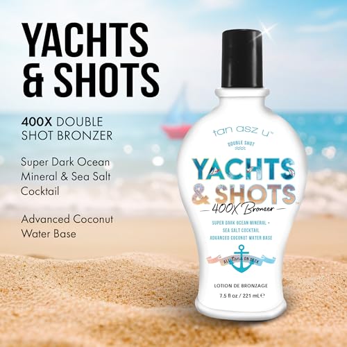 Tan Asz U Yachts & Shots Tanning Lotion, 400X Double Shot Bronzer, Super Dark Ocean Mineral & Sea Salt Cocktail Tanning Lotion with Advanced Coconut Water Base, 7.5 Fl Oz