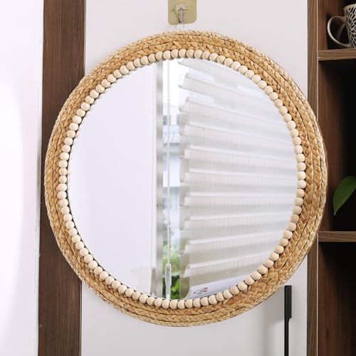 21 Inch Boho Round Wall Mirror with Rattan & Wooden Beads - Farmhouse Decor - Variation: Wood