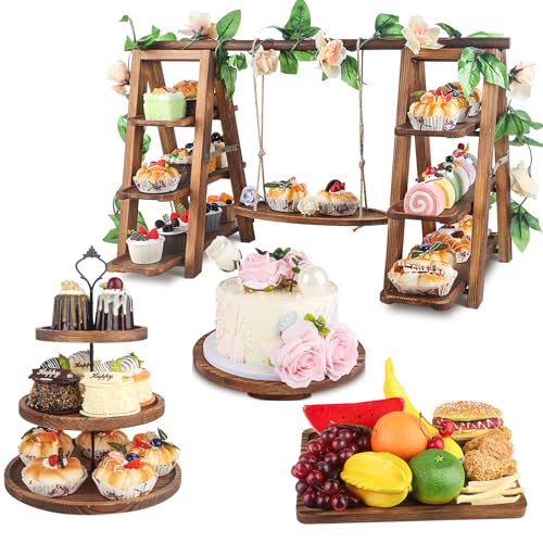 Brown Upgraded 4 Pack Wooden Cake Stand Set 3 Tier Swing Cupcake Display with Floral Decor