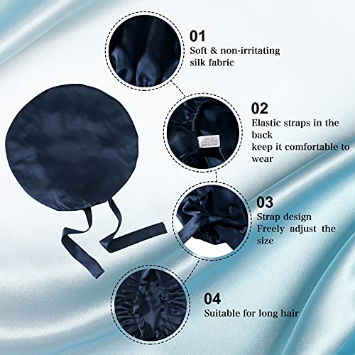 Silk Bonnet for Sleeping 100% Mulberry Silk Sleep Cap for Women Hair Care Night Cap with Adjustable Ribbons(Medim, Navy Blue)