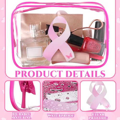Breast Cancer Awareness Makeup Bag Set - 20 Clear Pink Ribbon Bags for Gifts & Travel