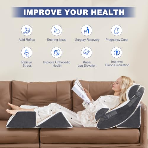 Multi-Functional Bed Wedge Pillow Set - 7-in-1 Orthopedic Support for Back Neck Legs, 6 Pieces White Grey