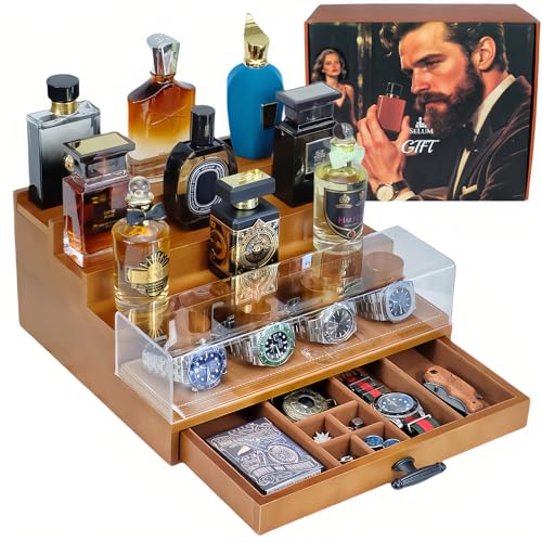 Cologne and Watch Organizer Walnut Brown ? Wooden Perfume Display Stand with Jewelry Storage Drawer, Velvet Lining, Hidden Compartment ? Large Cologne Holder ? Gift Box Included