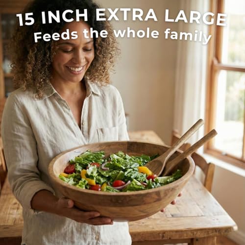 Extra Large Wooden Salad Bowl 15 Inch with Serving Utensils - Handcrafted Mango Wood Family Serving Bowl - X-Large