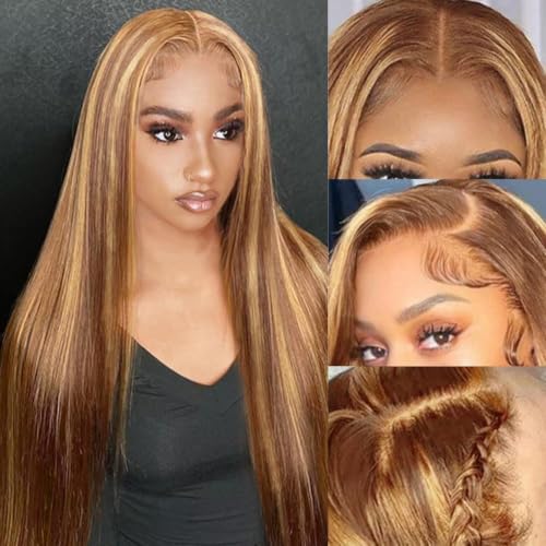 13x6 Ombre Lace Front Human Hair Wig 28 Inch Straight Highlight