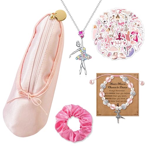 Y1tvei Ballerina Shoe Makeup Bag Set - 66Pcs Ballet Dancing Girls Satin Cosmetic Pouch Dance Stickers Sparkly Pink Ballerina Bracelet Necklace with Card Hairband, Ballet Dancer Gifts for Dance Recital