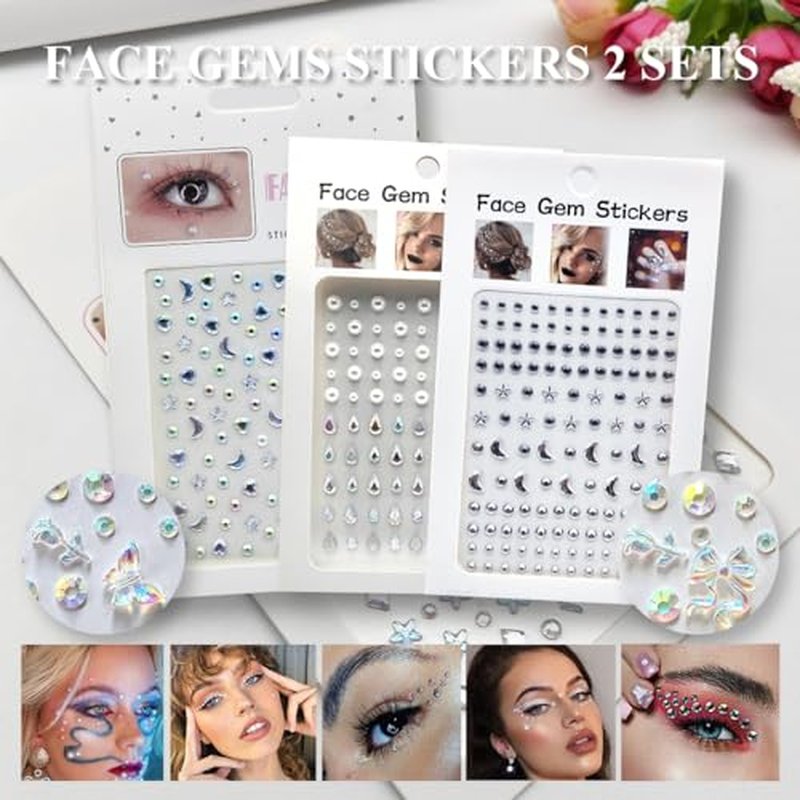 4 Sheets Face Gems Stickers, Self-Adhesive Face Jewels Diamonds Rhinestones for Makeup, Eyes, Nail Pearls Star Temporary Decoration Tattoos
