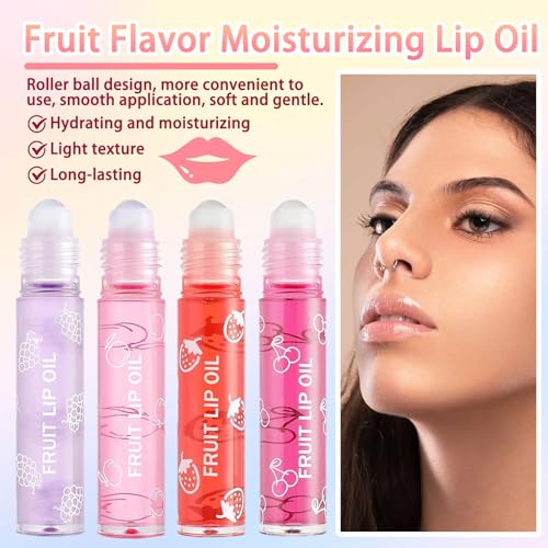 4PCS Roll On Lip Oil Set, Moisturizing Transparent Lip Glow Oil, Fruit Flavored Hydrating Roll On Plumping Lip Gloss Glossy Set, Long Lasting Non-sticky Shiny Lip Oil Makeup Gift Kit