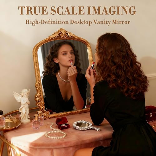 YUSONG Vintage Desk Mirror 11.4" x 9.2" Gold Antique Tabletop Mirror with Resin Frame