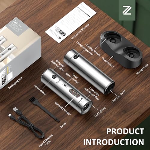 Rechargeable Salt and Pepper Grinder Set - Variable Speed Silver with 6-Level Visible Coarseness Adjustment