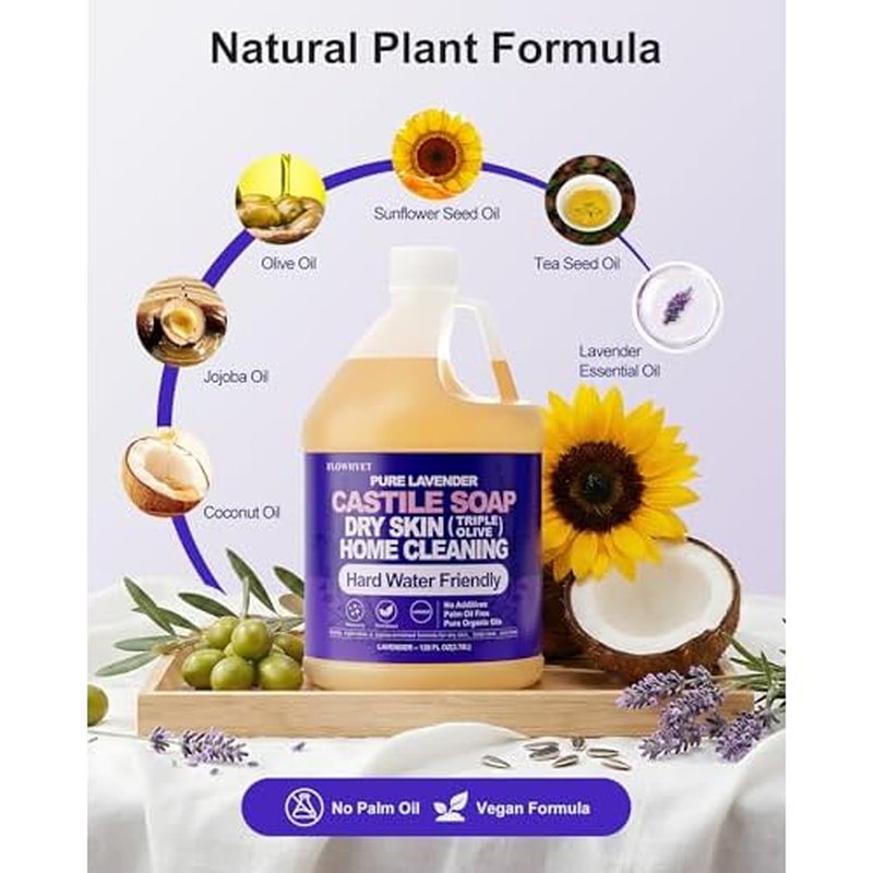 1 Gallon Pure Castile Soap Liquid Lavender, Natural Organic Hand Soap, For Dry Skin, Hand, Face, Body £¦ Home Cleaning, Vegan Hard Water Friendly- 128 fl oz
