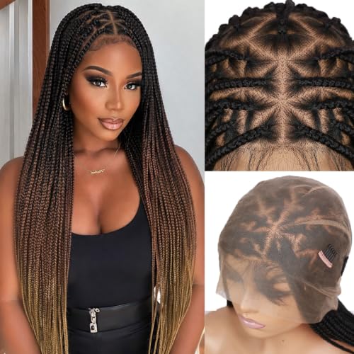 Full Lace Knotless Box Braided Wigs for Black Women - Ombre Brown Variation