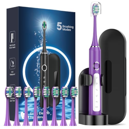 Electric Toothbrush for Adults & Kids - Sonic Clean & Whitening, 8 Heads, Travel Case - Purple