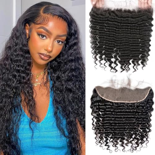 Deep Wave Lace Frontal Human Hair 14 Inch 150% Density 13x4 Pre Plucked Natural Color