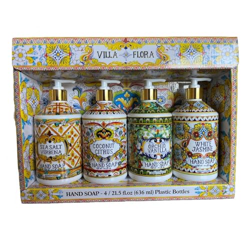 Villa Flora Assorted Hand Soap Set - 4 Pack 16oz Bottles with Sea Salt, Coconut, Orchid & Jasmine - Gift-Ready