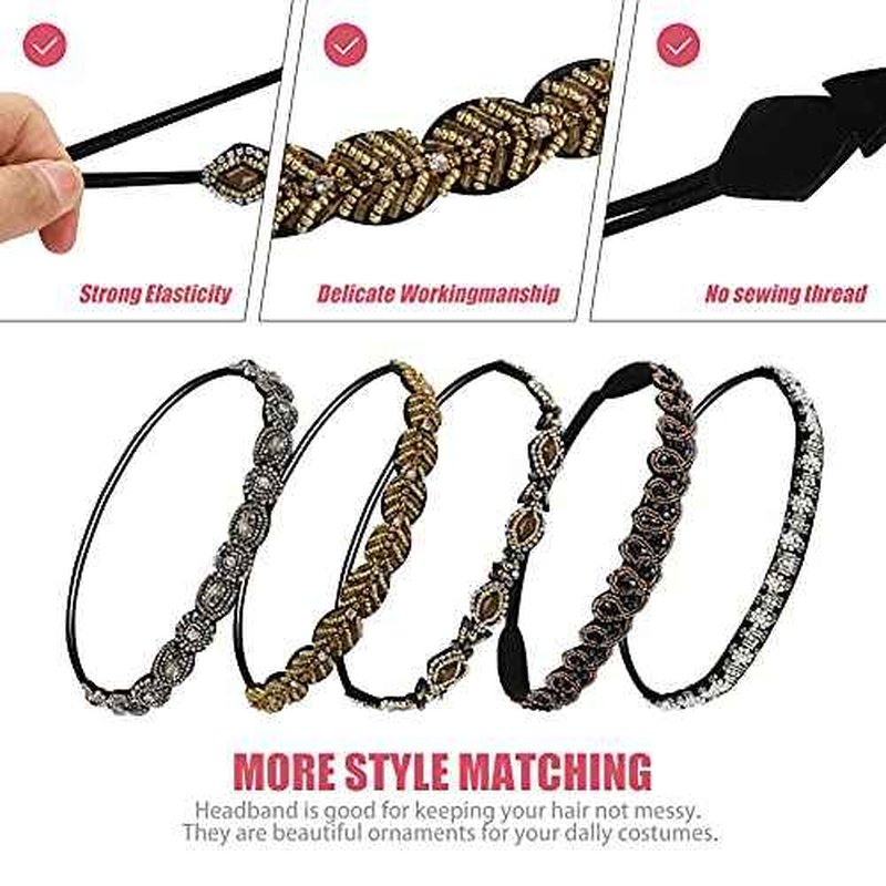 Elastic Rhinestone Headbands for Women, 5Pcs Handmade Crystal Beaded Elastic Headband Set Fashion Vintage Diamond Jewel Hair Band Headwear Hair Accessories for Ladies and Girls