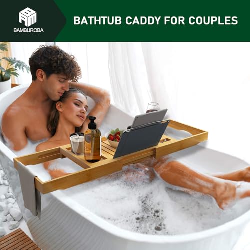 Natural Bamboo Expandable Bathtub Caddy Tray for Luxury Bath - BAMBUROBA