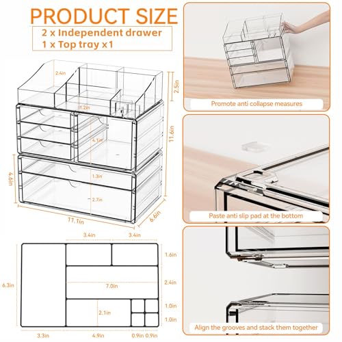 Yieach 6-Drawer Clear Makeup Organizer for Vanity and Counter - Stackable Cosmetic Storage