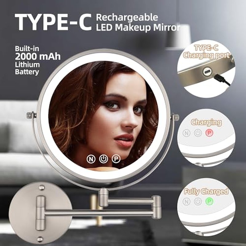9" Wall Mounted Lighted Makeup Mirror with Magnification, 1X/10X Magnifying Mirror with Light, 3 Color LED 2000mAh Rechargeable Light Up Magnifying Nickel Extendable