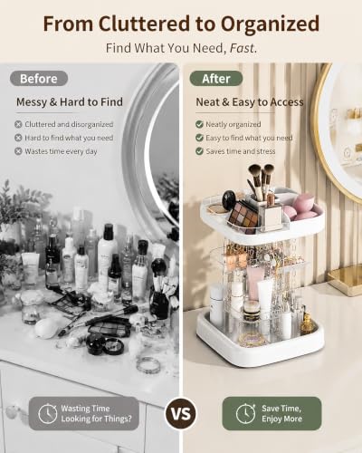 White Rotating Makeup Organizer with 5 Adjustable Tiers & Jewelry Hooks
