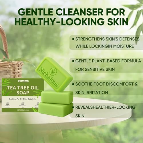 Tea Tree Soap, 3PCS Tea Tree Oil Relief Soap Bar - with Tea Tree Oil & Coconut Oil & Witch Hazel, Deep Pore Cleansing, Natural Handmade Foot & Body Soaps for Men & Women (3)