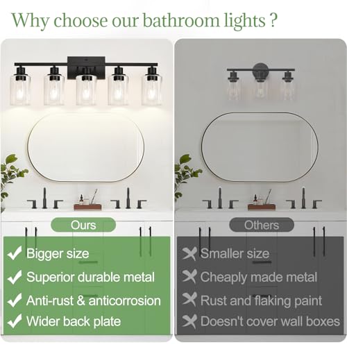 Indoi 5-Light Matte Black Bathroom Vanity Light with Clear Glass Shades – Modern Wall Lamp (Matte Black & Clear Glass)