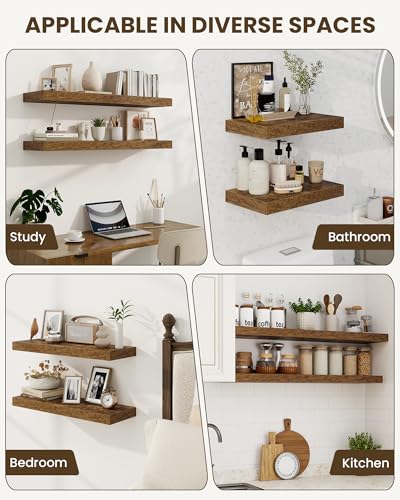 55-Inch Rustic Brown Floating Shelves Set of 2 Wall Mounted Wooden Shelves