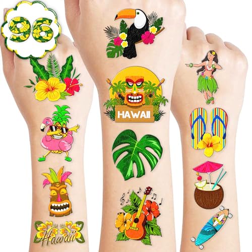 96 PCS Hawaiian Pre-Cut Tattoos Birthday Party Decorations Supplies Favors Tiki Hawaii Luau Hibiscus Temporary Tattoos Flower Tropical Summer Beach Aloha Palm Stickers School Prizes Rewards (Normal)