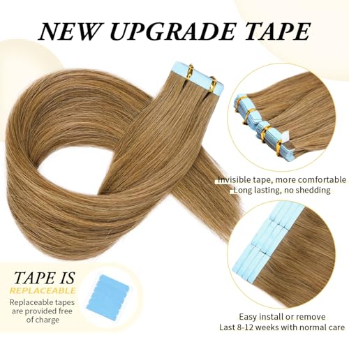 Tape in Hair Extensions Human Hair 16 Inch Light Brown 20 Pcs/50g - Remy Salon Quality