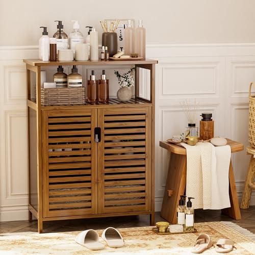 HITNET Walnut Bamboo Bathroom Storage Cabinet with Double Doors & Open Shelf