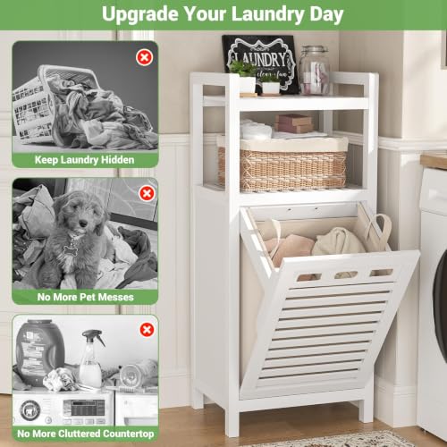 Homykic Bamboo Tilt Out Laundry Hamper Cabinet with Removable Bag - White, Space-Saving Design