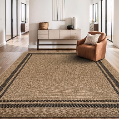 Bordered Natural Black 5x7 Indoor Outdoor Rug - Washable Durable Area Carpet