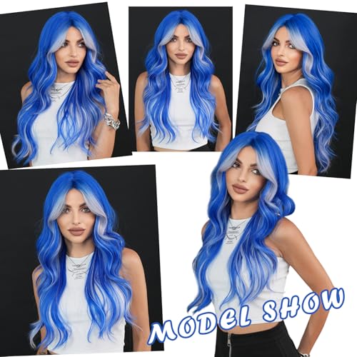 TRUMOST Blue Platinum Blonde Highlight Wig 26 Inch Long Wavy Synthetic Heat-Resistant with Curtain Bangs