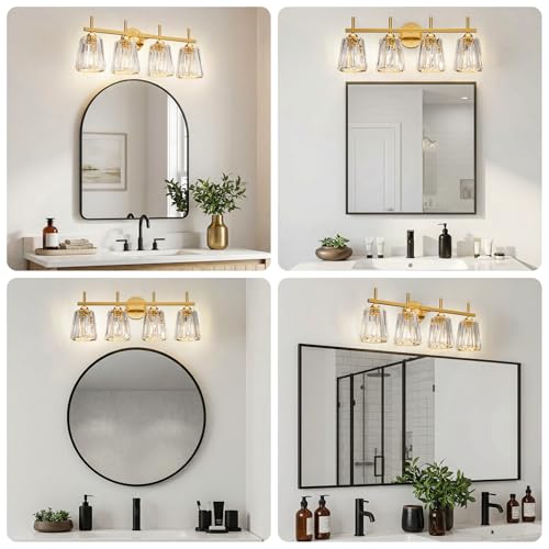 KernLite Gold 4-Light Crystal Bathroom Vanity Light Fixtures Over Mirror - Modern Wall Sconce with Ceramic E26 Base, Up or Down Mount