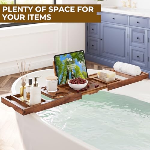 Venusmiles Foldable Teak Bathtub Caddy with Expandable Handles, Wine Glass & Phone Holders - Light Walnut