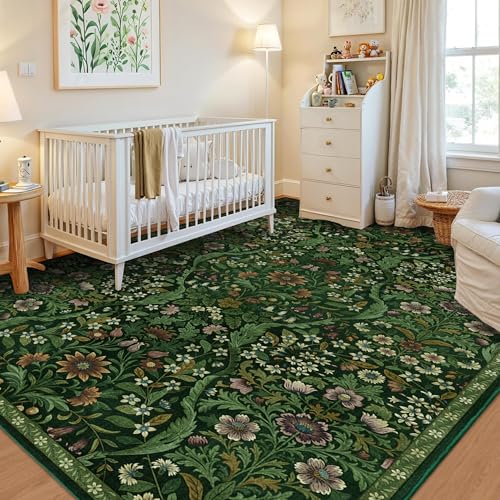 Dark Green Floral Area Rug 6x9 Washable Botanical Carpet for Living Room
