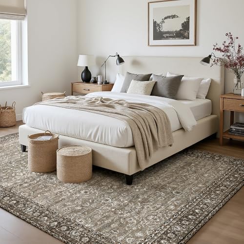 Grey and Brown 9x12 Washable Area Rug for Living Room - Vintage Print, Pet-Friendly, Non-Slip