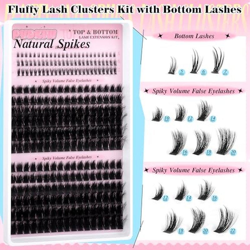 Fluffy Lash Clusters Kit with Bottom Lashes Spikes Cluster Eyelash Extension 10-22MM Volume Lash Extension Kit with Bond and Seal Lash Glue, Lash Tweezers DIY at Home for Beginner Eyelash Brush