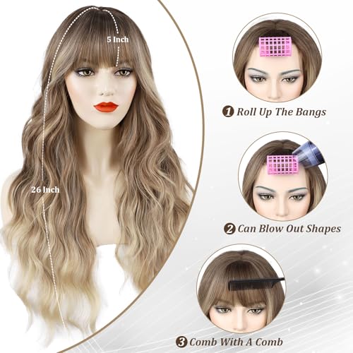 Ombre Blonde Curly Wigs with Bangs - Long 26 Inch Synthetic Heat-Resistant Hair for Women