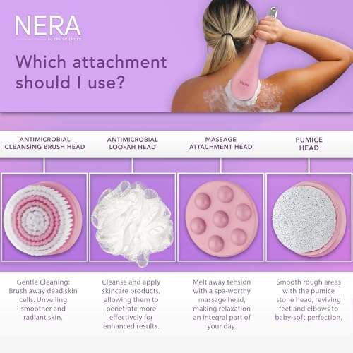 Spa Sciences - NERA - 4-in-1 Shower/Bath Body Brush for Exfoliation, Deep Cleansing, Foot Care, Lotion Infuser, and Massage