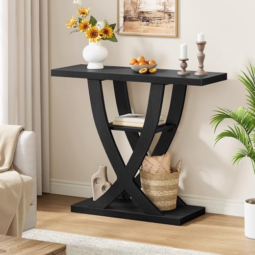 Black 31.5-Inch Entryway Console Table with 3 Shelves and X-Frame Design
