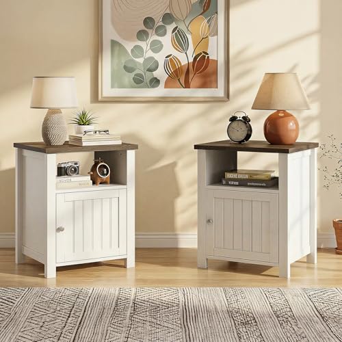 White Farmhouse Nightstands with Storage - Vintage Rustic End Tables