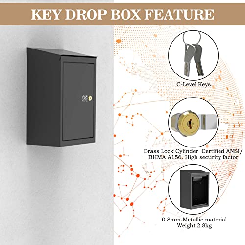 Black Key Drop Box Wall Mount Waterproof Security Storage Box - Heavy Duty, 6.5 x 14.5 x 9.7 Inches